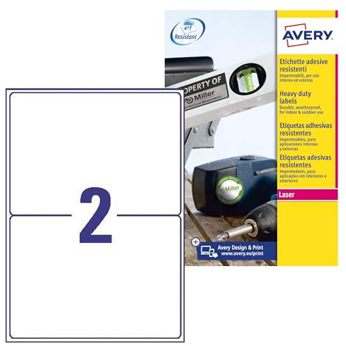 Avery Italia L7068-20 Etichette adesive in poliestere bianco resistente, 20 fogli A4, rettangolari 199,6x143,5mm, 2 etichette per foglio, adesivo permanente, stampanti laser