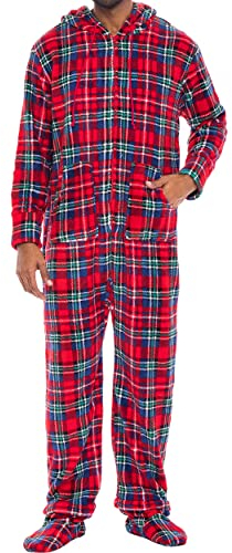 Alexander Del Rossa Herren Warm Fleece Einteiler Kapuze Fuß Pyjama Erwachsene Onesie mit Kapuze für Winter, Weihnachtliches Plaid mit Füßen, Large