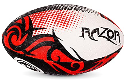 Optimum Razor Rugbyball, perfekt für Training und Gameplay, tolle Flug- und Luftrückhaltung, gummierte Noppenoberfläche für Grip, 2-lagig, 410 g, Schwarz/Rot, Größe 5