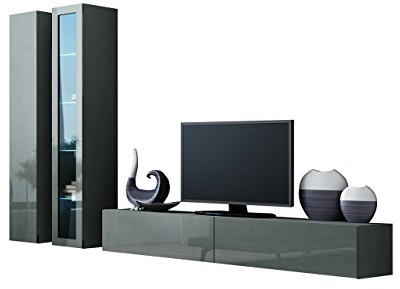 Wohnwand VIGO III Anbauwand Modernes Wohnzimmer Set, Mediawand, Glasvitrine, Hängeschrank TV-Schrank (mit Blauer LED Beleuchtung, Grau/Grau Hochglanz)