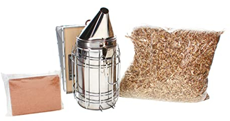Germerott Bienentechnik Amerikanischer Smoker Rauchbläser aus Edelstahl mit echtem Lederblasebalg und Hitze-Schutzschild mit 600g Rauchstoff und Zündwürfeln