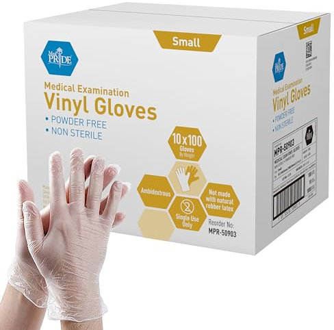 MED PRIDE Medical Vinyl Examination Gloves Latex Free Rubber | Disposable, Ultra-Strong, Clear | Fluid, Blood, Exam, Healthcare, Food Handling Use Clear Small