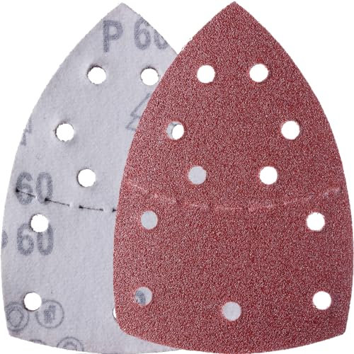 YoiYee Lot de 10 feuilles abrasives grain 60, papier abrasif triangulaire delta, fermeture auto-agrippante, 11 trous, accessoires pour ponceuse multi-ponceuse, rouge
