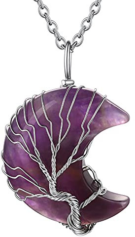 FOCALOOK Collier Améthyste Femme Pendentif Arbre de Vie Pierre de Naissance Naturelle en Croissant avec Chaîne Acier Réglable 50cm