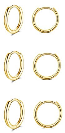 GULICX 8mm Silver 14K Gold Hoop Earrings Set for Women Men Girls, 3 Pairs Hypoallergenic 925 Sterling Silver Unisex Small Helix Cartilage Tragus Sleeper Hoops Huggie Hinged Earrings for Teens Gift