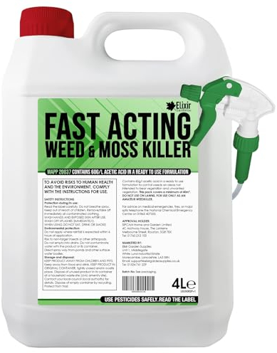 Elixir Gardens 4 Litre Fast Acting Glyphosate-Free Weed & Mosskiller | Child and Pet safe Organic & Natural Ready-to-Use Acetic Acid Formula 60g/l | Results in 24 Hrs | 4 L with Spray Head & Hose x 1