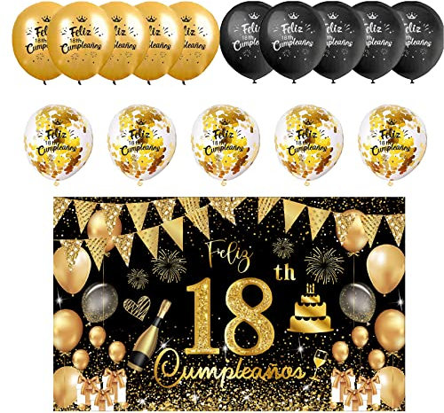 Decoración para Cumpleaños 18 en Español - Pancarta Feliz Cumpleaños, Fondo Cartel, 15 Globos - Kit de Adornos Negro y Oro para 18 Años