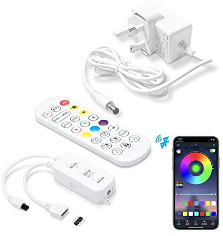 Bluetooth Led Controller Set for Led Strip Light, RGB Controller Box Supports APP/Music Sync/Pin-Sequence Comes with 12V/24W Power Adapter