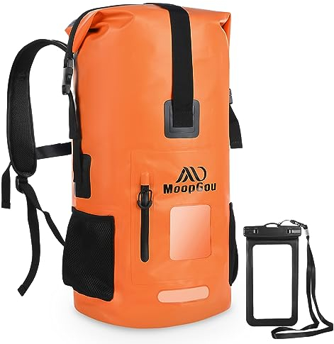 MoopGou Wasserdichter Rucksack, Dry Bag 35l/55l-Roll Top Waterproof Beutel mit Verstellbarer Gepolstertem Schultergurt, Wasserdichte Tasche für Kayak, Camping (Orange 35L)