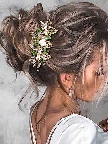 Ushiny Blumen-Braut-Hochzeits-Stirnband, goldfarben, Brautschmuck, Weinrebe, Strass, Haarschmuck, Abschlussball, Kristall, Kopfschmuck für Damen und Mädchen