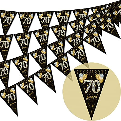 70. Geburtstag Wimpel, glückliche Banner Wimpel Fahnen, 40 Stück Dreieck Gold Schwarz Glitter Diamant nach Zahlen 70. Geburtstag Jahrestag Thema Party Dekoration liefert