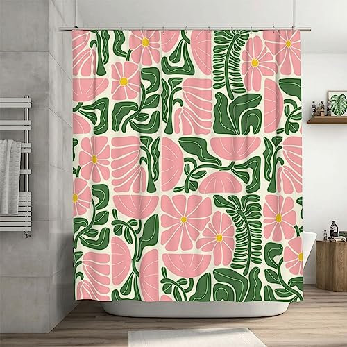 Ohocut Mid Century Moderne abstrakte geometrische Boho Duschvorhänge für Badezimmer, niedliches rosa Blumen-Badezimmer-Duschvorhang, Vintage-Badevorhang, wasserdichter Stoff-Duschvorhang
