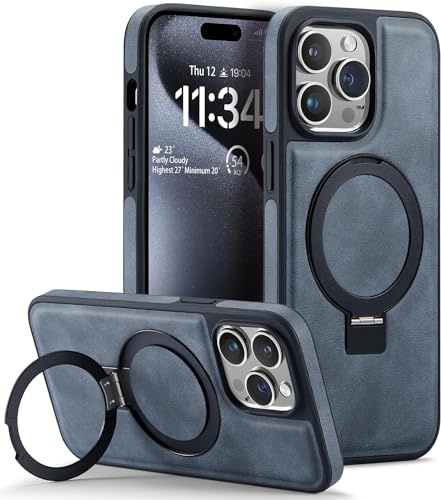 Sibada Leather Case for iPhone 15 Pro Max with Concealed Circle Stand for Magnetic, Fashionable and Elegant Thin Business Mobile Phone Case (2023) 6.7 Inches - Grey Blue