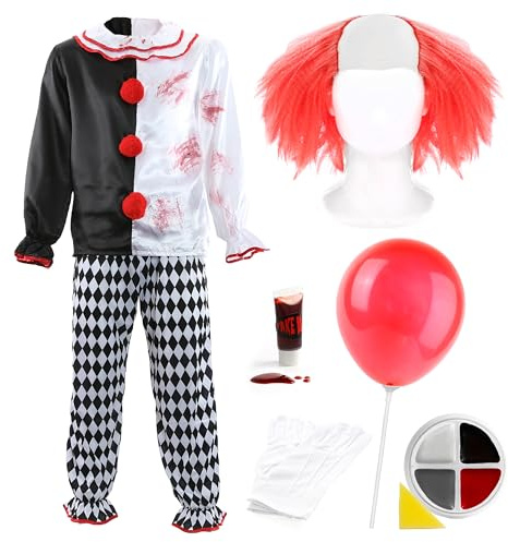 Mens Deluxe Killer Clown Costume - Clown Top & Trousers, Red Clown Wig, White Gloves, Red Balloon with Stick, Facepaint, Fake Blood - Adults TV Film Halloween Fancy Dress Costume