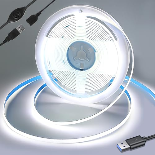 Yamlten 5V COB Led Streifen 6000k Kaltes Weiß mit Schalter,320 LEDs/M Dimmbar LED Strip für TV Hintergrundbeleuchtung,Computer,Schrank,Schlafzimmer DIY LED Band 1.5m.(Stromversorgung schließt aus)
