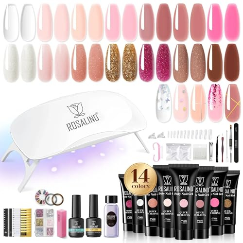 ROSALIND Nagelset Gelnägel Starterset, Gelnägel Set 14 Farben mit Mini UV/LED Nagellampe, Gel Nägel Selber Set mit Base Top Coat, Nagel Sets Gel Nägel für Anfänger