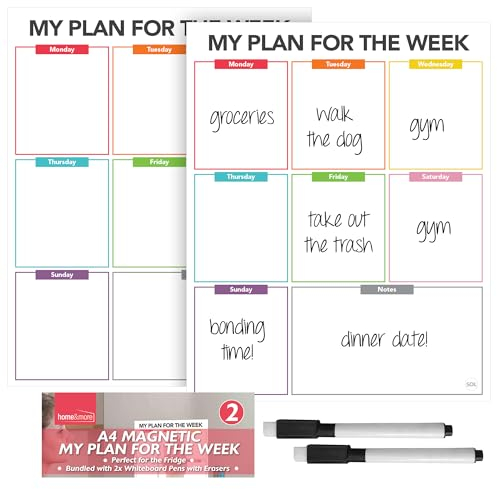 SOL 2pk A4 Magnetic My Plan for The Week - Fridge Whiteboard with Pens - Weekly Meal Planner, Magnetic Homework Planner, Whiteboard Weekly Planner for Fridge Organisation
