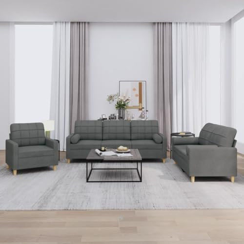 CIADAZ 3-tlg. Sofagarnitur mit Kissen Dunkelgrau Stoff, Sofa Mit Relaxfunktion, Couchgarnitur, Wohnzimmer Sofa, Couch, Sofa Set 3201259