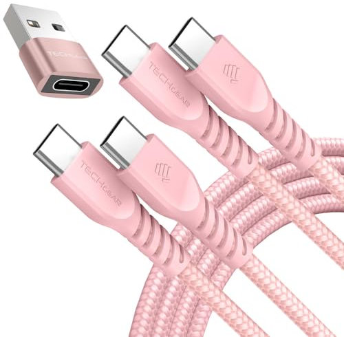 TECHGEAR Cavo di ricarica da USB C a USB C da 60 W (1 m + 1 m + adattatore) cavo intrecciato da tipo C a C, cavo dati di ricarica rapida compatibile con iPhone