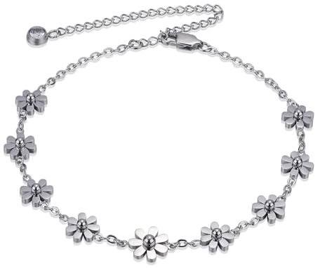 LEGENTLISUR Bracelet De Cheville En Acier Inoxydable Bracelet De Cheville Simple Bracelet De Cheville Fleur Joli Bracelet De Cheville Pour Femme(Couleur Aciert Réglable)