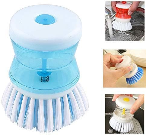 MJ Vision Soap Dispensing Palm Brush with Liquid Soap Dispenser, Kitchen Brush with Holder Dish Washing Dishwasher Soap Brush (Multicolour)