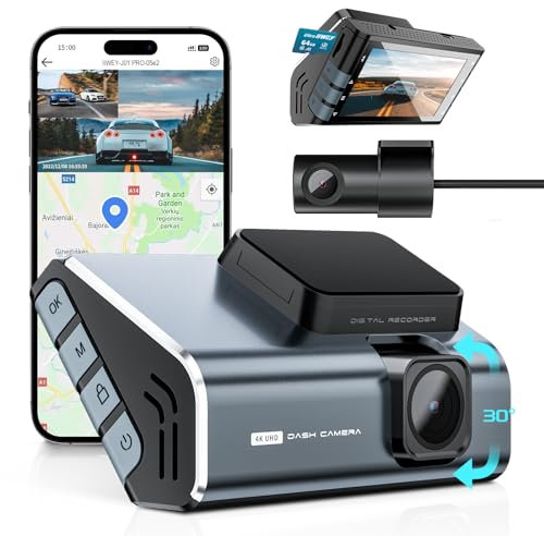 IIWEY Dash Cam Front Rear 4K Built-in WiFi, External GPS, Free 64GB SD Card, High-end Alloy Body Car Camera with 3 LCD Screen, Voice Control, Super Night Vision, Loop Record, 150° Wide Angle, USB C
