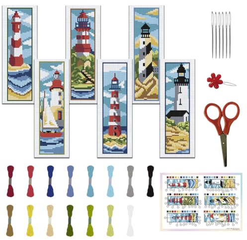 FREEBLOSS 6 Set Lesezeichen Kreuzstich Sets, Stick Lesezeichen Kreuzstich Sets Mit Anleitung, Leuchtturm Landschaftsmuster, Kreuzstich Set Für Anfänger, Lesezeichen Herstellungsset als Geschenk