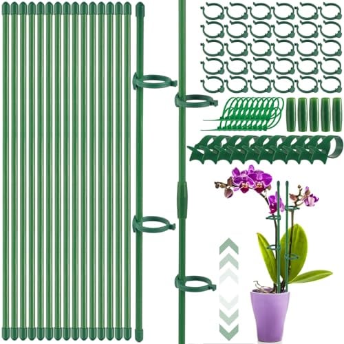Realure 15 Pezzi Supporto per Piante, Regolabili Pali di Sostegno per Piante 30-150cm, Supporto Piante Interno con Piante Clip Collegamento Tubis, per Piante Orchidee Pomodori, Sostegno per Piante