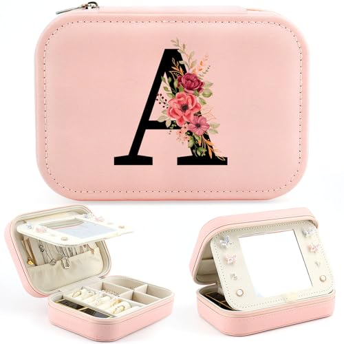 Initiale Schmuckkästchen für Mädchen Schmuckkasten Klein mit initiale A, Reise Schmuckschatulle mit Spiegel, Schmuckkästchen Buchstaben Geschenke für Damen Mädchen Weihnachten Geburtstage Muttertag