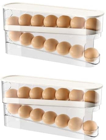 HeYuMeio Refrigerator Egg Box Double-Layer Storage Rack, Kitchen Side Door Plastic Fresh-Keeping Box, Rolling Egg Storage Box (2 Sets)