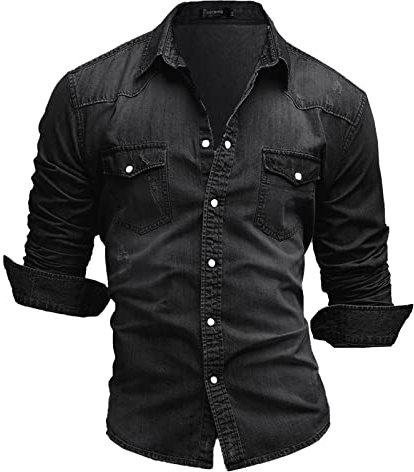 Rodawu Mens Denim Shirt Stretch Cotton Cowboy Button Down Casual Jacket Muscle Fit Black XL