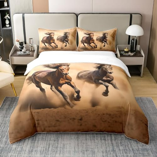 Loussiesd Pferd Drucken 100% Baumwolle Bettwäsche Set 155x220cm Galoppierendes Pferd Betten Set für Kinder Jungen Wild Tier Thema Bettbezug Set Weich Wildlife Stil Braun Bettwäsche