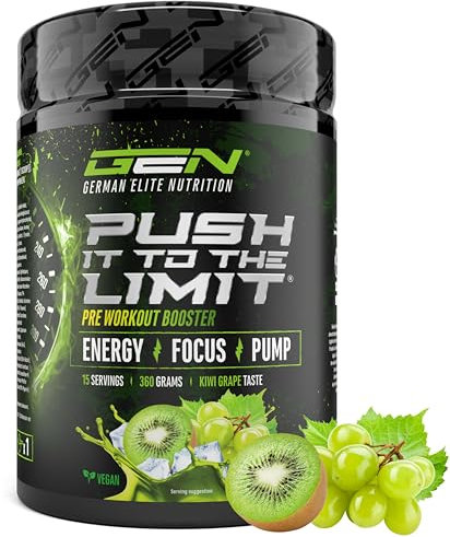 Push it to the Limit - Pre Workout mit L-Arginin + Citrullin + L-Tyrosin + L-Theanin + L-Carnitin + AAKG + Taurin + Rhodiola-Rosenwurz + Koffein - Hochdosiert - 360g - Kiwi-Grape Taste