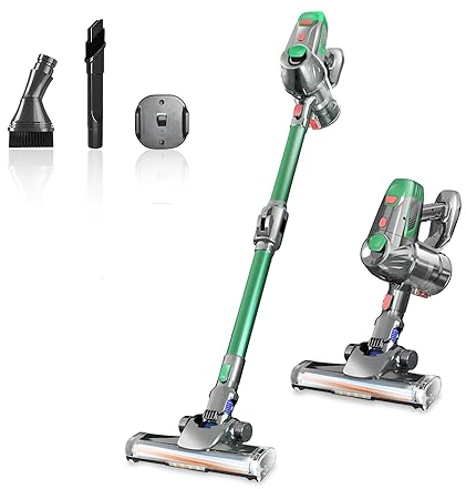 Dcbeduff Akku Staubsauger,150W / 9KPa Staubsauger Kabellos mit bis zu 40 Minuten Laufzeit,Mit LED-Licht, 2 Geschwindigkeiten, Anti Tangle Akkusauger für Hartböden, Teppich,Tierhaare (Green)