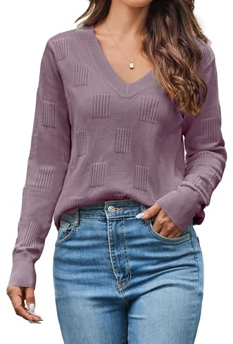 Cindeyar Pullover Damen Langarm V Ausschnitt Strickpullover Winter Casual Elegant Pulli Warm Oberteile (Grau Lila, XL)