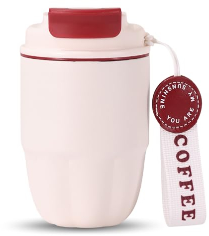 FYting Kaffeebecher to go,Thermotasse 320ml,Mini Cafe to go Becher,Edelstahleinsatz + Doppelter Trinkauslauf, Auslaufsicherer, FüR Weihnachts Und Geburtstagsgeschenke (Weiß)