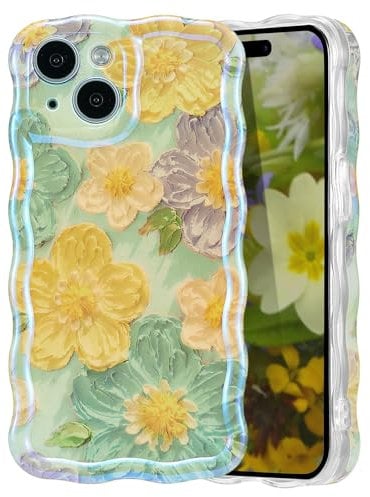 EYZUTAK Case for iPhone 13, Colorful Retro Oil Painting Flower Laser Glossy Cute Curly Wave Edge Case Stylish Durable Soft TPU Protective Phone Cover for Girl Women - Yellow Flower/Green