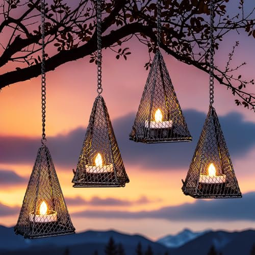 Solar Hanging Lights Outdoor, 4 Pack Hanging Lanterns Candle Holder with Solar Tea Lights Candles Outdoor Waterproof, Chandelier Ideas for Tree Gazebo Pergola Patio Decor