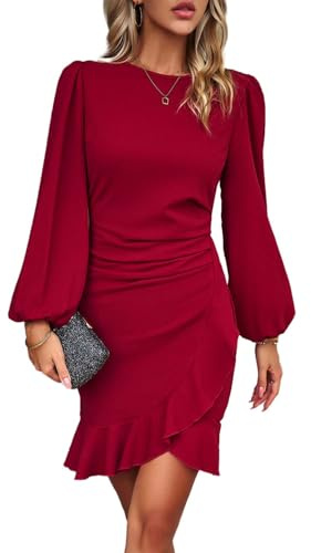 HUXRAKV Vestido Mujer Elegante Manga Larga Casual Vestido De Volante Dobladillo Vestidos para Invitada Coctel,A-Rojo,M