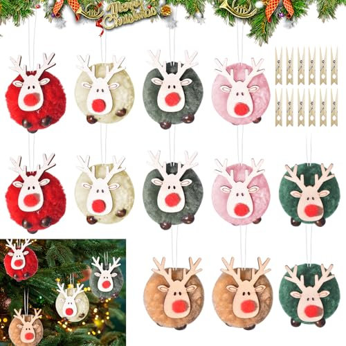 Weihnachtsbaum Anhänger, 12 Stück Weihnachtsanhänger Elch Deko, Weihnachtsbaumschmuck Rentier Puppe, Filz Holz Weihnachtsdeko, Baumschmuck Weihnachten, Christbaumschmuck Holz