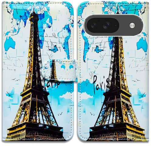 Bcov Case For Pixel 9,Paris Eiffel Tower Map Leather Flip Phone Case Wallet Cover with Card Slot Holder Kickstand Case For Google Pixel 9