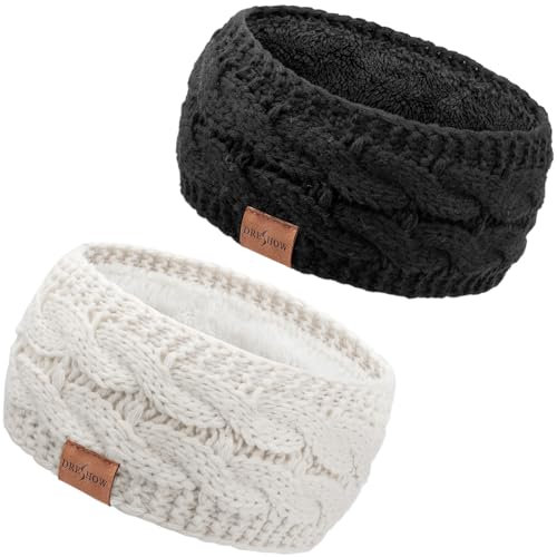 DRESHOW Women Warm Knitted Headband Cold Winter Ear Warmer Elastic Crochet Head Wraps Thick Fleece Lining Hair Bands