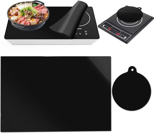 LOPYXBR 2PCS Induction Hob Protector Mat, Square&Round Ceramic Hob Covers 60cm x 50cm&22 x 22 CM Silicone Induction Hob Cover, Multifunctional Heat Resistant Mat, Black Hob Covers for Induction Hob