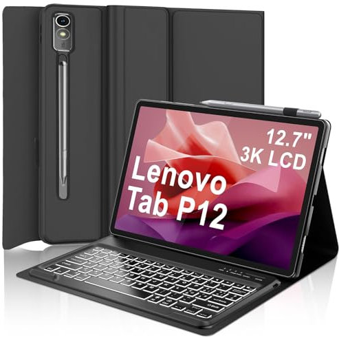 Tastiera per Lenovo Tab P12 12.7 2023, Cover per Lenovo Tab P12 con Tastiera, Custodia Cover Tastiera Italiano Rimovibile Retroilluminata Bluetooth per Lenovo Tab P12 12.7 Pollici 2023 TB370FU, Nero