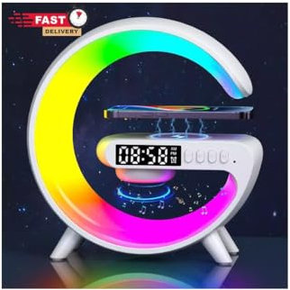 LED Night Light Speaker with 4-in-1 Wireless Charging, Digital Alarm Clock, RGB Mood Lighting, G-Shape Design Qashu Smart LED Table Lamp – White