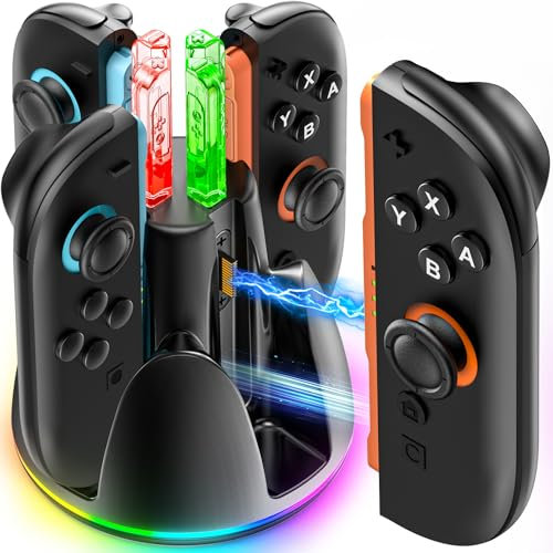 Base Cargador para Switch 2, Estacion de Carga para Nintendo para Joy con 2, 2,5H Rápida Carga 4 Mando Switch, Cargador para Joy-con 2 con Luz RGB, Accesorios Switch 2,Protectores y Fundas