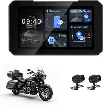 Moto Dashcam & Navigation - sans Fil Apple CarPlay Android Auto, 5 Écran Tactile HD Étanche IP67, Caméras Avant/Arrière 150° - Support Universel - Mémoire 64G Intégrée