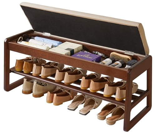 Aibiju Banco Zapatero de Madera con Cojín, Zapatero de 2 Niveles con Tapa Abatible, Banco Recibidor de 90 cm para Entrada, Sala, Pasillo y Dormitorio, Color Nogal YD-WD062B