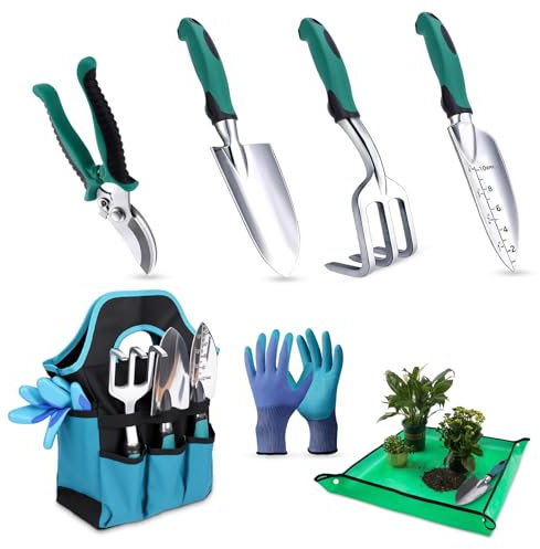 Gerbala Juego de Herramientas de Jardinería, 7 Piezas Herramientas Jardin con Bolsa de Almacenamiento, Kit de Jardinería Adultos Resistentes, Escabroso, Regalo Ideal para Amantes Jardinería