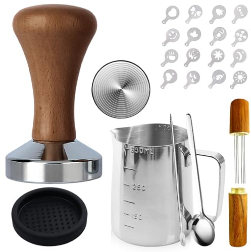 GOMETY Kaffee Tamper Set 51mm Espresso Tamper Set 22 teiliges Barista Zubehör mit Milchkännchen Tampermatte Sandelholz-Tamper Rührlöffel Latte Art Schablonen für Espressomaschine